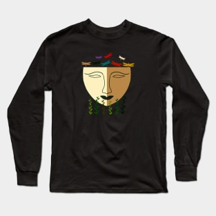 Abstract shape art with plants, dragonflies and face in earth tones Long Sleeve T-Shirt